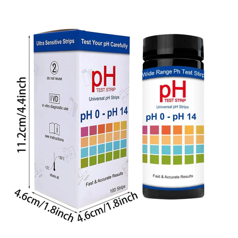 Product image of Easy Read pH Test Strips For Urine, Saliva, And Water 0 To 14 Universal Plastic Strips with packaging, showing size details.