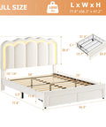 Full Size Beige Velvet Platform Bed Frame With Soft Led Lighting And Dual Gliding Storage Drawers Plus Adjustable Wavy Headboard Built In Charging Ports And Sturdy Wood Slats For Legit Comfy Sleep Zero Box Spring Hassle dimensions and features with storage drawer.