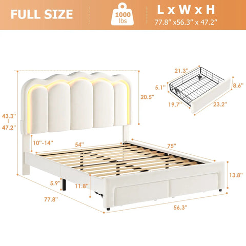 Full Size Beige Velvet Platform Bed Frame With Soft Led Lighting And Dual Gliding Storage Drawers Plus Adjustable Wavy Headboard Built In Charging Ports And Sturdy Wood Slats For Legit Comfy Sleep Zero Box Spring Hassle dimensions and features with storage drawer.