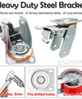Heavy Duty Swivel Plate Caster Set Of Four Featuring Silent Polyurethane Wheels Dual Ball Bearing Steel Hubs shown with a steel bracket.
