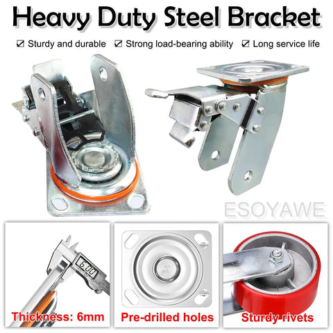 Heavy Duty Swivel Plate Caster Set Of Four Featuring Silent Polyurethane Wheels Dual Ball Bearing Steel Hubs shown with a steel bracket.