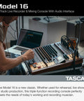 Person using Model 16, All In One 16 Track Studio Recorder And Mixer With USB Audio Interface And SD Card Recording Capabilities.