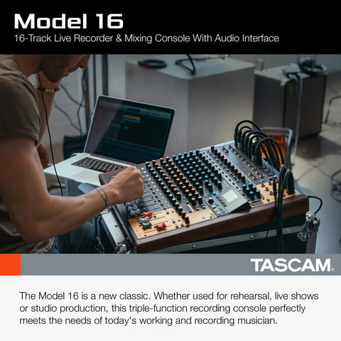 Person using Model 16, All In One 16 Track Studio Recorder And Mixer With USB Audio Interface And SD Card Recording Capabilities.