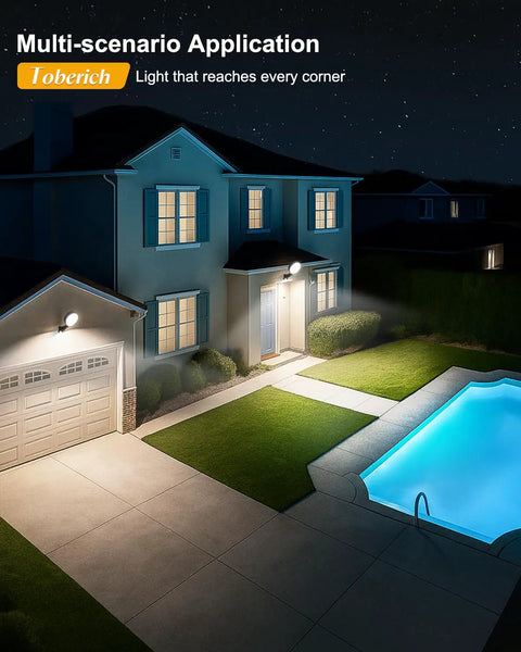 Mega Bright 150W Dusk To Dawn Outdoor Yard Light With 20000LM Output installed on house exterior illuminating yard and pool