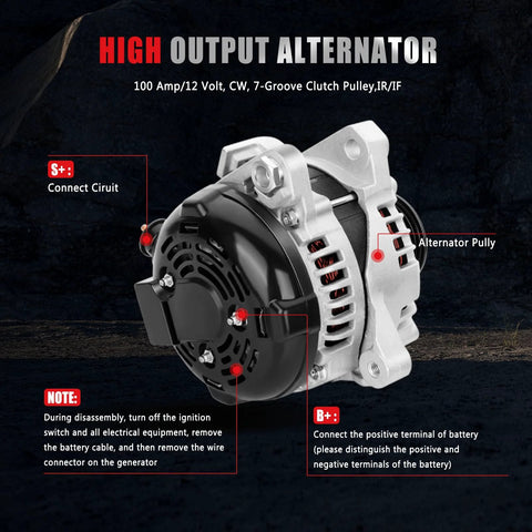 High Output 100 Amp Alternator For Toyota RAV4 2.4L 2006 2007 2008 Replacement, visible electrical connections and pulley