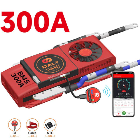 Kickass 10S 36V Smart BMS With Bluetooth Wireless Control And 300 Amp Continuous Rating For Lithium Ion 18650 Battery Packs, showcasing connections and display.