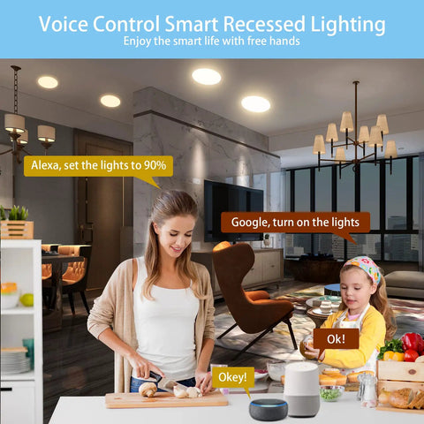A kitchen lit by RGB LED Recessed Ceiling Lights Six Pack Dimmable Smart Downlights With App Control Compatible With Alexa And Google.