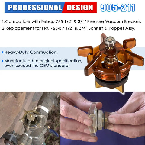 Bonnet And Poppet Assembly Repair Kit For DIY Friendly One Half To Three Quarters Inch Pressure Vacuum Breaker PVB 765CBV 765DBV Fits 765-050 765-075 Includes Bonnet Kit 905-047 And Poppet Kit 905-049 close-up and installation view.