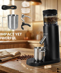 Cordless Coffee Grinder Featuring Rechargeable Conical Burr Mill And Sixty Precision Settings For Super Smooth Brewing On The Fly with stainless steel cup.