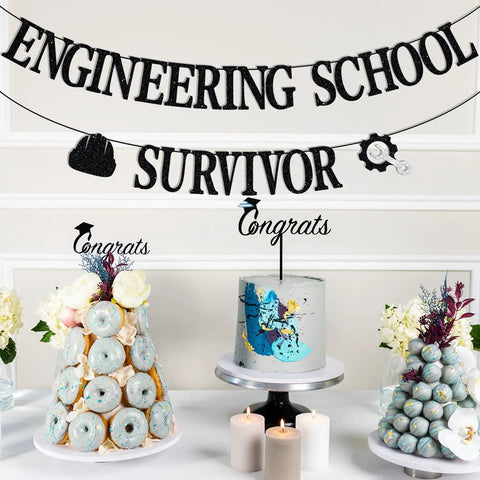 Future Engineer Graduation Banner And Congrats Engineer Sign Set For Engineering School Parties with cakes and candles