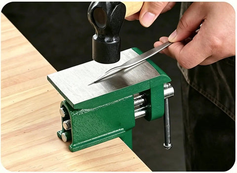 Heavy Duty Clamp-On Bench Vise With Built-In Anvil For DIY Woodworking And Metalworking, Portable Cast Iron Table Vise Clamp For Drilling, Hobby And Home Workshop Must-Have Green on wood bench