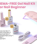 HEMA Free Pink Gel Nail Kit With UV Light Travel Set, bottles, mini lamp, USB cable, nail file on white background