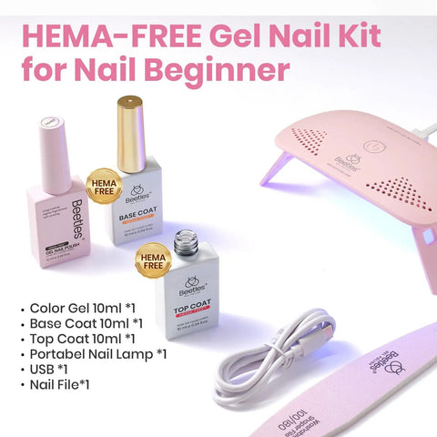 HEMA Free Pink Gel Nail Kit With UV Light Travel Set, bottles, mini lamp, USB cable, nail file on white background