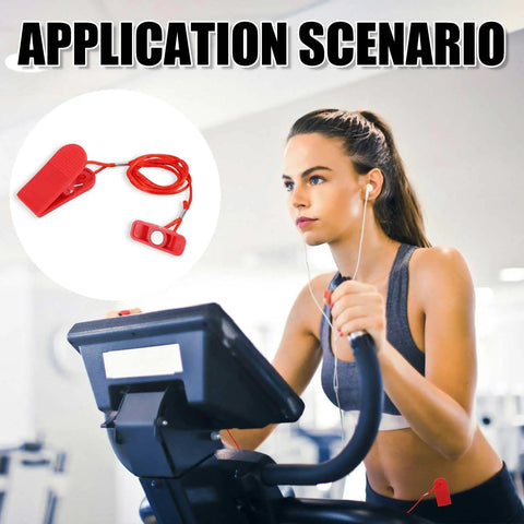 Woman using treadmill with Two Pack Treadmill Magnet Safety Keys Universal Emergency Stop Magnetic Switch 1.57 X 0.59 Inch.