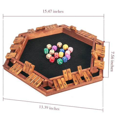 Upgraded Shut The Box Dice Game For 1 To 6 Players With Wooden Board And 16 Dice, hexagonal board with colored dice