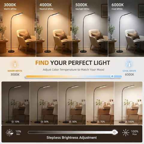 Lit LED Floor Lamp With Stepless Dimming And 3000K To 6000K Color Range, 15W 1000lm, Remote And Touch Control, Adjustability Display