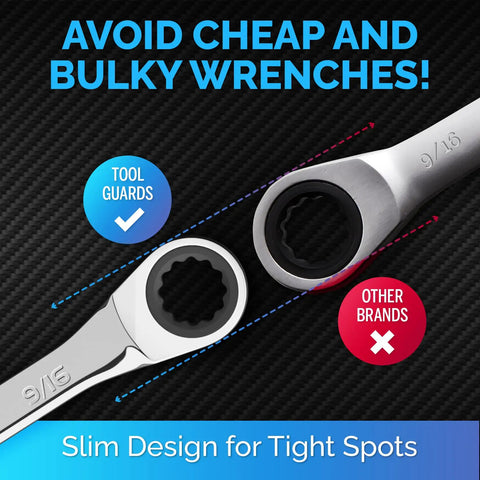 Ratcheting Wrench With Slim Profile Nine Sixteenth Inch, Chrome Vanadium Build for tight spaces and quick adjustments.