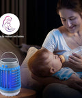 Mother feeding baby with Solar Powered Outdoor Bug Zapper That Is Waterproof Portable And Rechargeable With USB Charging nearby.