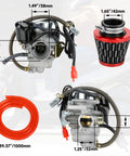 GY6 150cc Carburetor Kit with air filter and hose measurements for scooters, go-karts, ATVs installation; includes focus keyword.