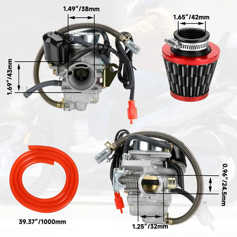 GY6 150cc Carburetor Kit with air filter and hose measurements for scooters, go-karts, ATVs installation; includes focus keyword.
