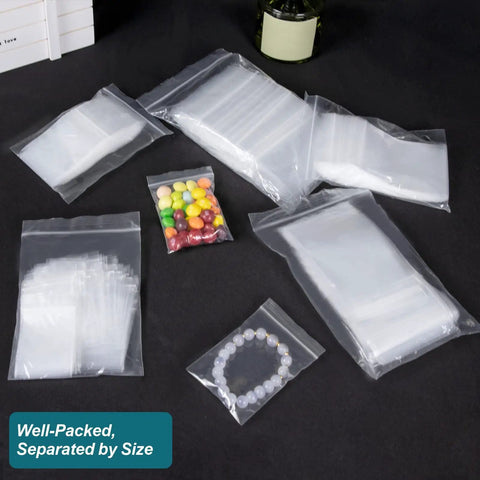 Five Size Clear Plastic Bags Mega Pack 500 Pcs In 5 Assorted Sizes with 100 Each Resealable Poly Bags for Jewelry and Candy