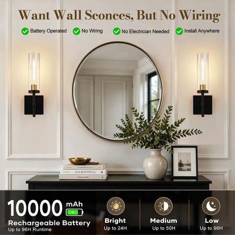 Plug And Play Wireless Wall Sconces With Smart Remote Control And Massive 10000Mah Battery Dimmable Rechargeable Lighting Set Of Two sleek black fixtures mounted beside a round mirror.
