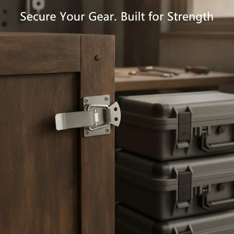 Close-up of stainless steel spring latch with quick action draw catch on wooden box, preventing accidental open from vibration.