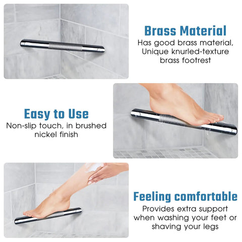 Polished Chrome Corner Shower Foot Rest Bar With Easy Install Must Have No Slip Knurled Grip Wall Mounted Shower Step Stool For Shaving Legs Small Bathroom Foot Ledge Durable Accessory close-up showing knurled grip.