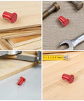 Collage of red aluminum pieces from Six Piece Aluminum Bench Dogs And Table Clamp Set With Low Profile Stops For Woodworking.