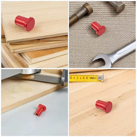 Collage of red aluminum pieces from Six Piece Aluminum Bench Dogs And Table Clamp Set With Low Profile Stops For Woodworking.