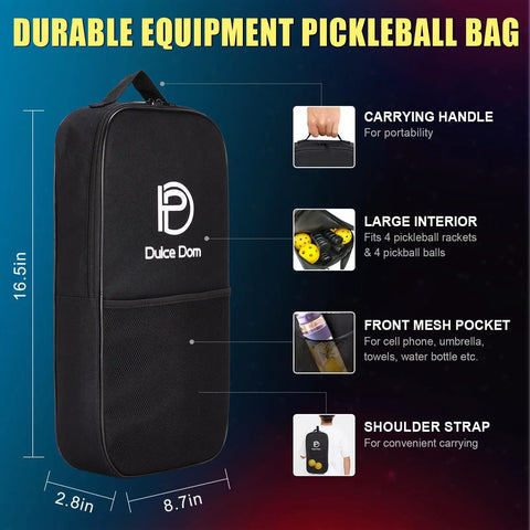 Black pickleball bag with Dulce Dom logo, showing features for Lightweight USAPA Approved Pickleball Paddles Set With Four Paddles Two Indoor And Two Outdoor High Performance Balls And Bag Included Perfect Gift For Women And Men Who Love The Game.