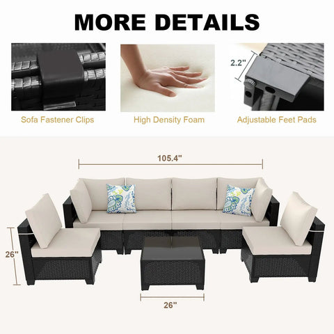 7 Piece Wicker Patio Furniture Set With Waterproof Cushions, showing sofa fastener clips, high density foam, and adjustable feet pads.