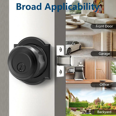 Slick Biometric Fingerprint Deadbolt Lock For Front Door, black finish, installed on door knob, showcasing broad applicability to various settings.