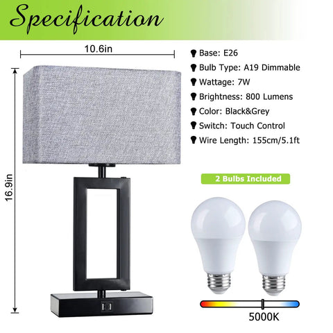 Touch Control Bedside Lamps Set Of 2 With Dope Dual USB Ports And Three Way Dimmable, black base, gray shade, two bulbs included.