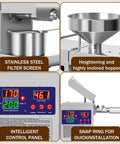 Rkazes 820W Automatic Oil Press Machine Hot And Cold Seed Extractor For Home Use control panel, stainless steel filter, inclined hopper.