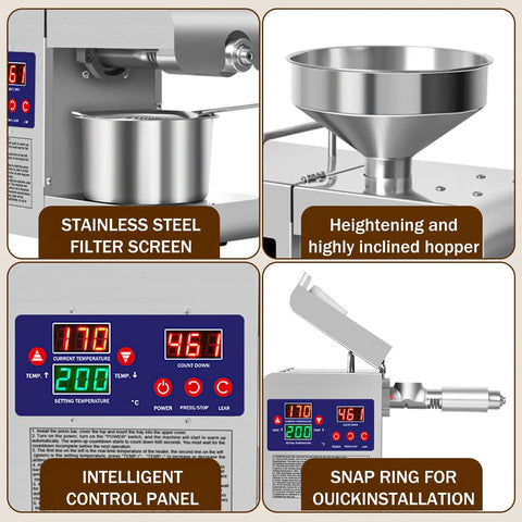 Rkazes 820W Automatic Oil Press Machine Hot And Cold Seed Extractor For Home Use control panel, stainless steel filter, inclined hopper.