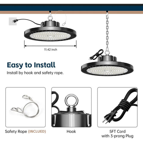 Image of UFO LED High Bay Lights 200W 30000 Lumens 5000K Six Pack With Plug showing installation features including plug, hook, and dimensions.