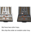 SAE And Metric Coated Bearing Steel Tap And Die Rethreading Kit 131 Piece Set in two color tray options displayed open