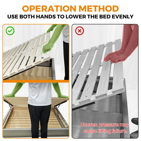 Operation method illustration for Heavy Duty Steel Bed Lift Mechanism For Storage Beds supports even lowering using both hands.