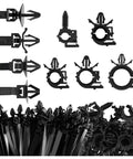 Assorted black clips from 130 Piece Wire Loom Clips Kit With Five Sizes Universal Auto Wiring Harness Clips Assortment For Door Dash Engine Bay Secure Routing Great For DIY Auto Repair And Modifications.