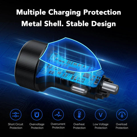 Four Port Car Charger With Voltmeter 78W Fast Charge USB C And USB A Hub showing protective metal shell and circuit board.