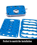 Beefed-Up 8-2000QFT Carburetor Rebuild Gasket Kit For 4150 Series Carburetors showing blue gaskets and metal component