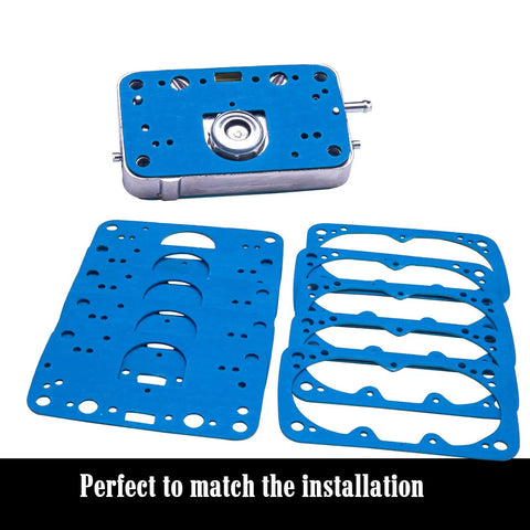 Beefed-Up 8-2000QFT Carburetor Rebuild Gasket Kit For 4150 Series Carburetors showing blue gaskets and metal component