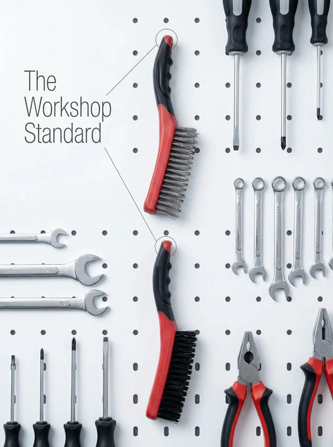 Heavy Duty Wire Brush Set Two Piece With 10 Inch Curved Plastic Handles Carbon Steel And Stainless Steel Heads For Rust And Paint Removal Welding Prep And Metal Cleaning hung on a pegboard among wrenches and screwdrivers