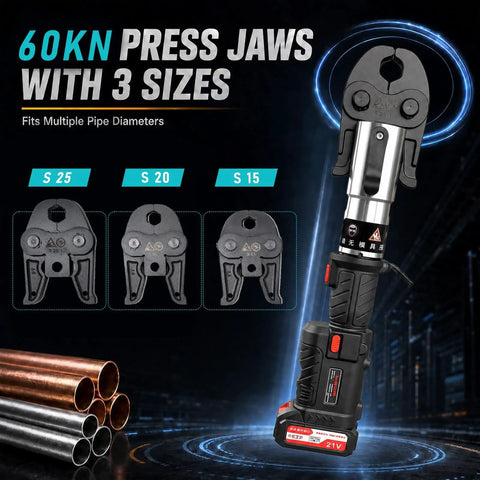 Newest Upgrade 21V Brushless Hydraulic Copper Pipe Crimping Tool Kit With Heavy Duty Dies, showing 60KN press jaws for various sizes.