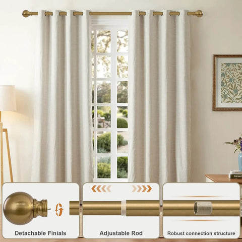 Brass Finish Curtain Rod Set In Warm Gold Tone, Heavy Duty Adjustable 72 To 144 Inch, 1 Inch Diameter with Vintage Brushed Bronze Finials