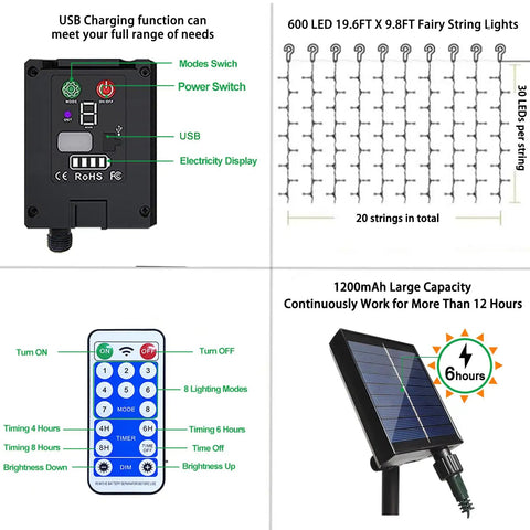 600 LED Solar Curtain Lights With Remote, outdoor fairy string lights, waterproof waterfall design, USB charging features