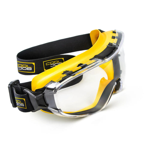 Over Glasses Safety Goggles With Anti Fog Clear Lens ANSI Z87.1 Impact Resistant And UV Proof Eye Protection in yellow with black elastic band.