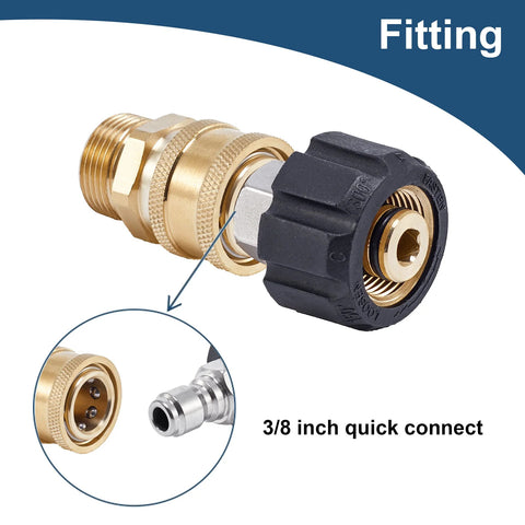 Close-up of Raincovo brass pressure washer quick-connect fittings, M22 14mm to 3/8 in hose adapter, four pieces