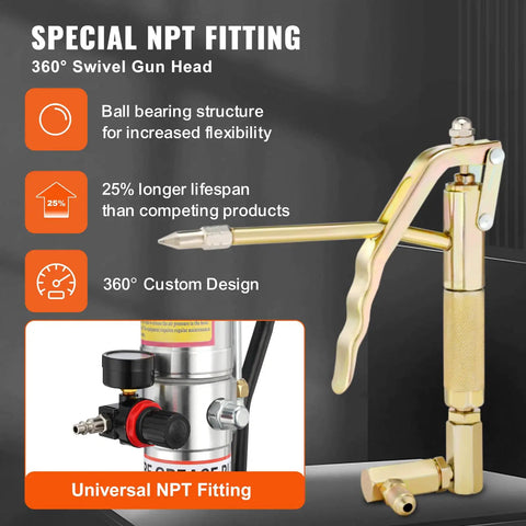 Beefy Heavy Duty 5 Gallon Pneumatic Grease Pump With 13 Ft High Pressure Hose And Gun Portable Grease Lubrication System features special NPT fitting